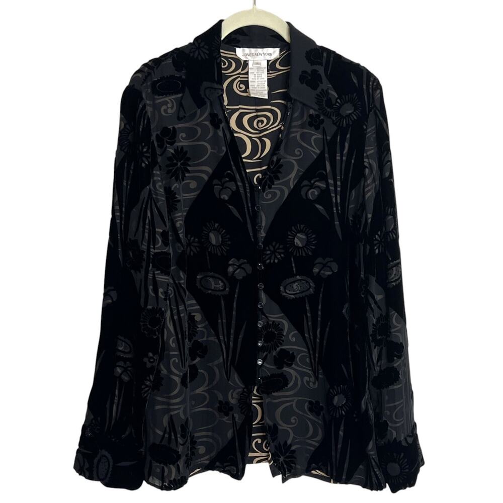 Jones New York Burnout Velvet Button Front Blouse Size 14 Black Silk Blend